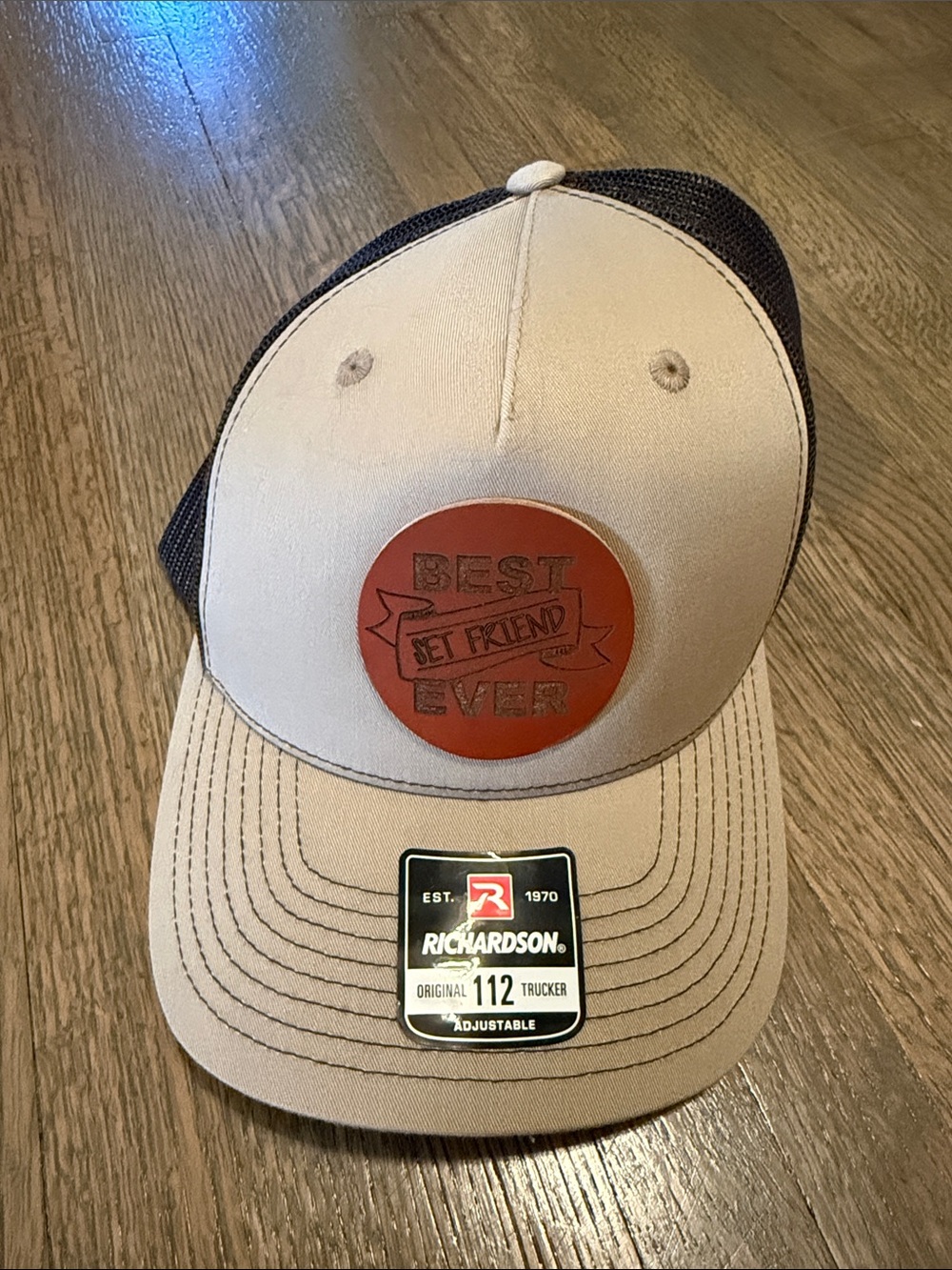 Richardson Adjustable Trucker Cap in Tan with 'Best Friend Ever' Patch